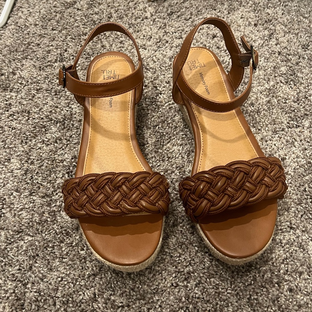 Time and Tru Tan Wedge Sandals with Braided Design